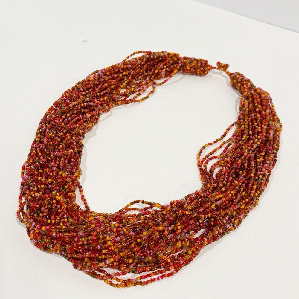 Vtg Necklace red and orange seed beads 30 strands 20 in long crocheted ends - Picture 6 of 8